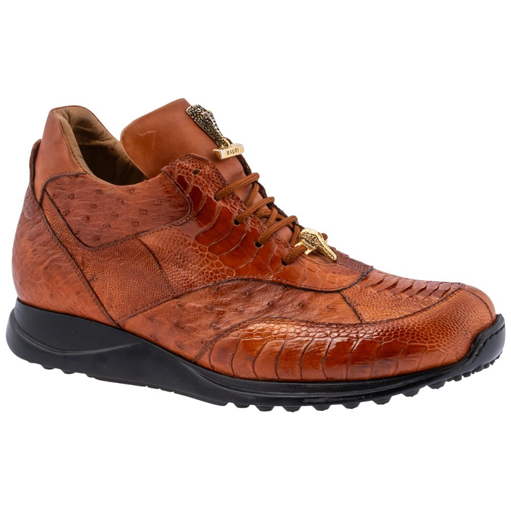 MAURI Shoes Men’s Brett Mid-Top Cognac Ostrich Quill, Ostrich Leg & Calfskin Leather Luxury Ankle Sneakers