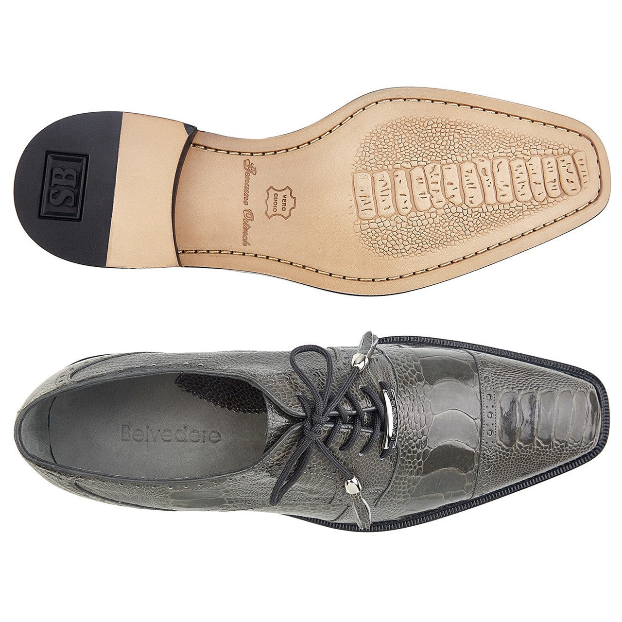 Belvedere Batta Gray Ostrich Skin Cap Toe Lace-Up Shoes for Men