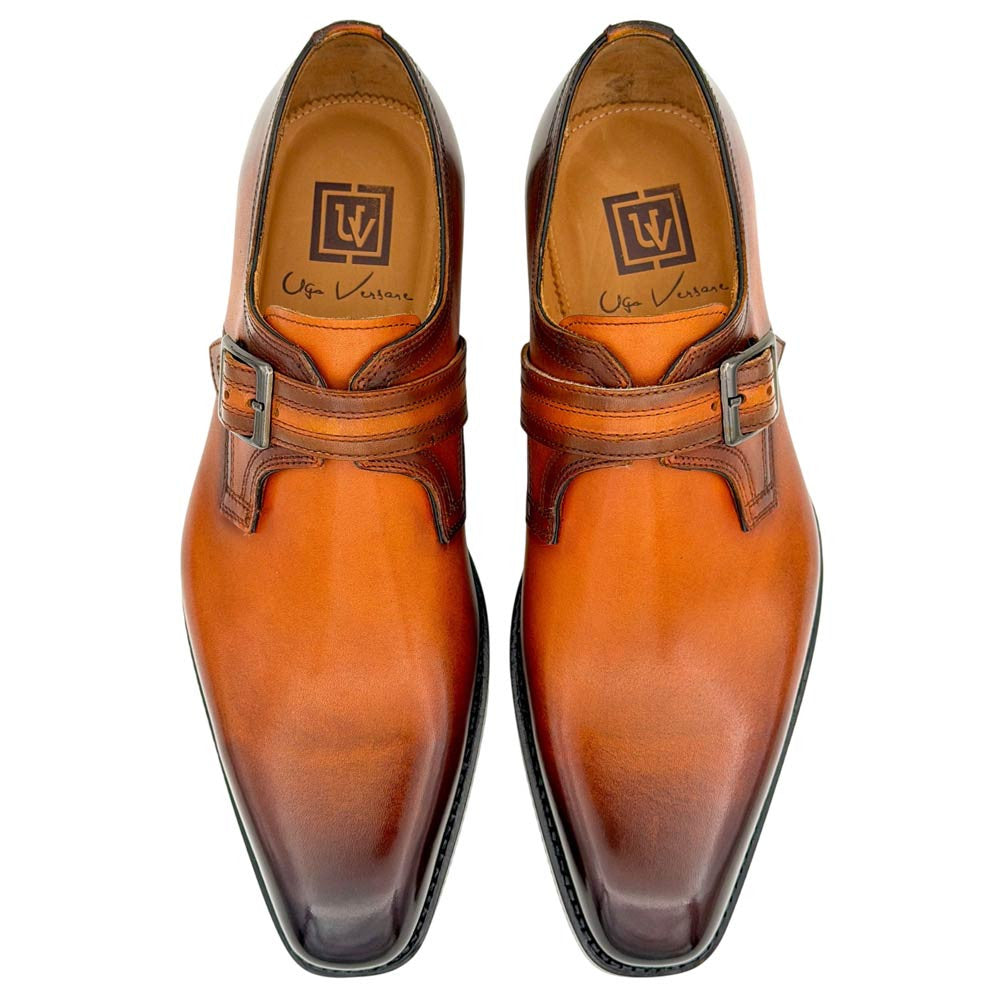 UGo Vasare Men’s Elden Camel Plain Toe Genuine Leather Monk Strap Dress Shoes