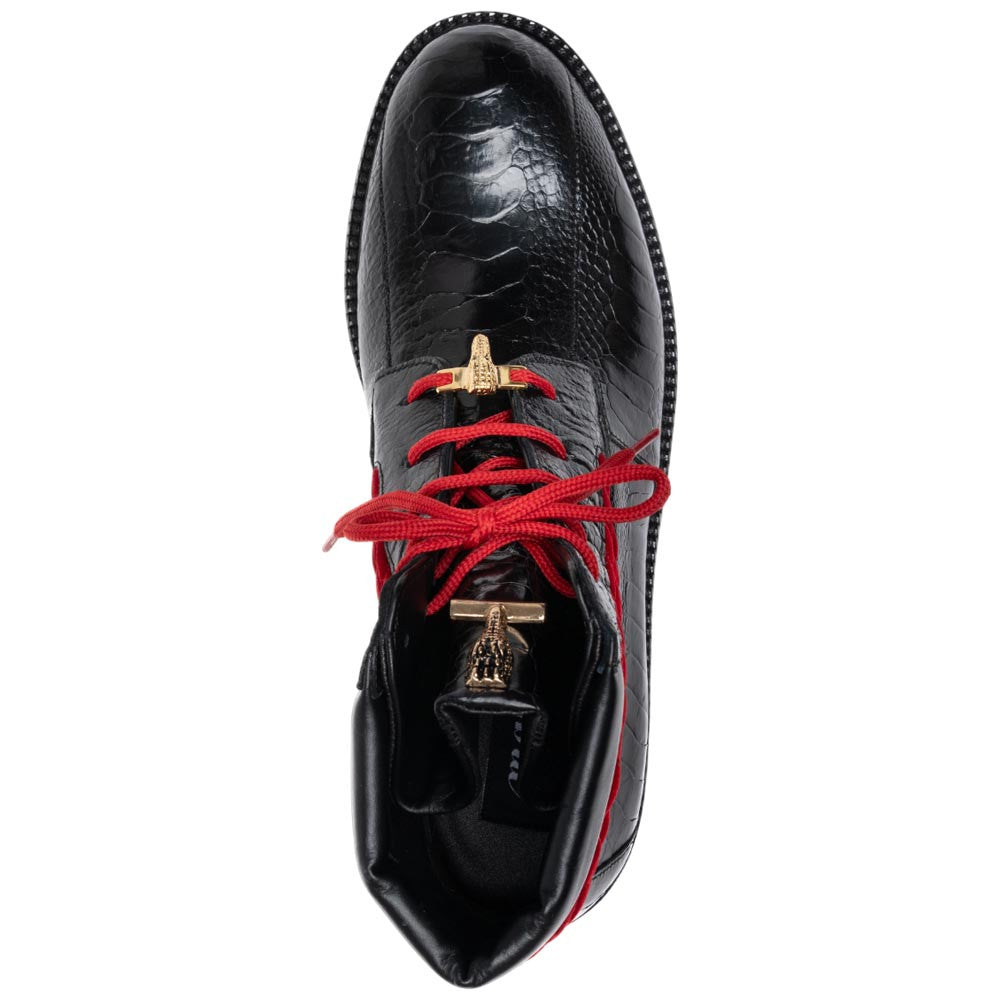 Mauri Men's Ostrich Leg & Quilt Velvet HAWK Black/Red Combat Boots (US Men Size)