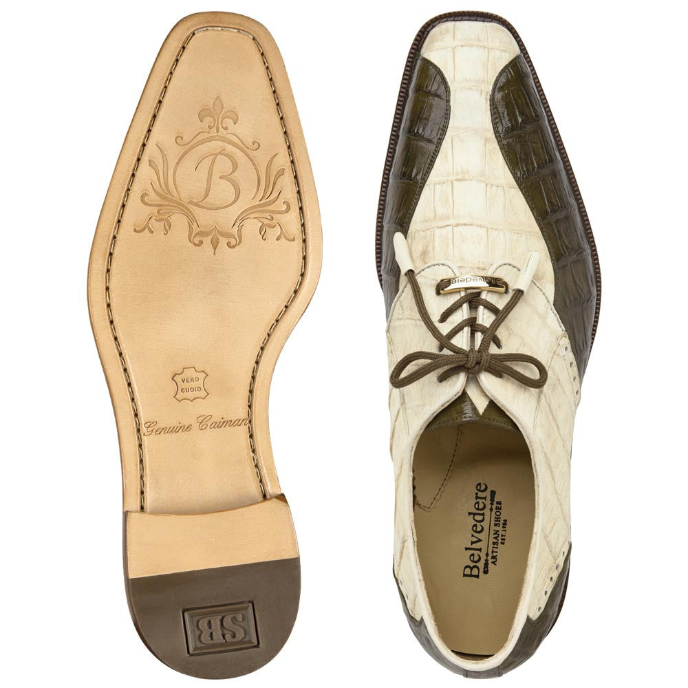Belvedere Men’s Domenico Bone & Olive Genuine Caiman Brogue Lace-Up Derby Shoes