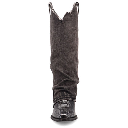 Shabby Black Leather Denim Fold-Over Animal Print Snip Toe Women Boot | Dingo Western Cowgirl Boots