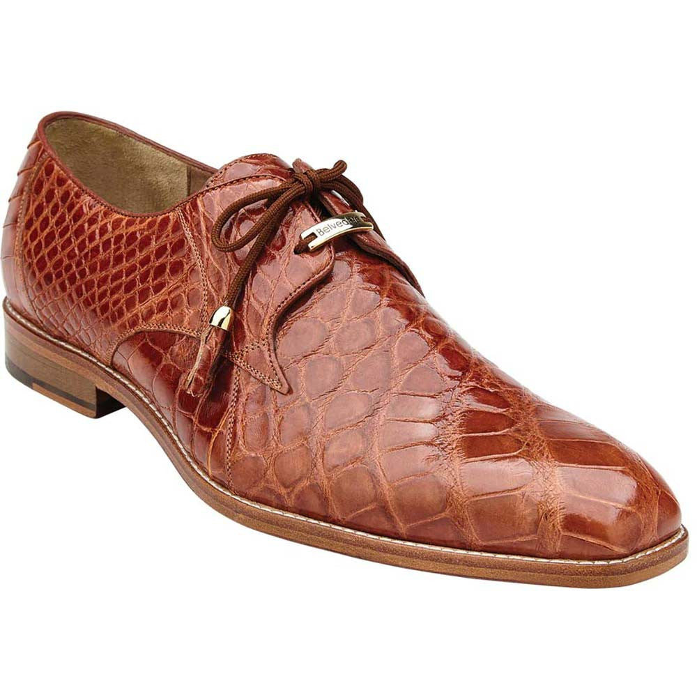 Belvedere Lago Men's Cognac Genuine American Alligator Skin Lace Up Shoes