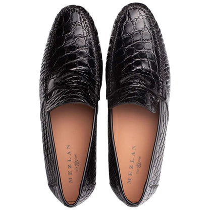 Mezlan Armano Moc Toe Black Crocodile Leather Moccasin Dress Shoes