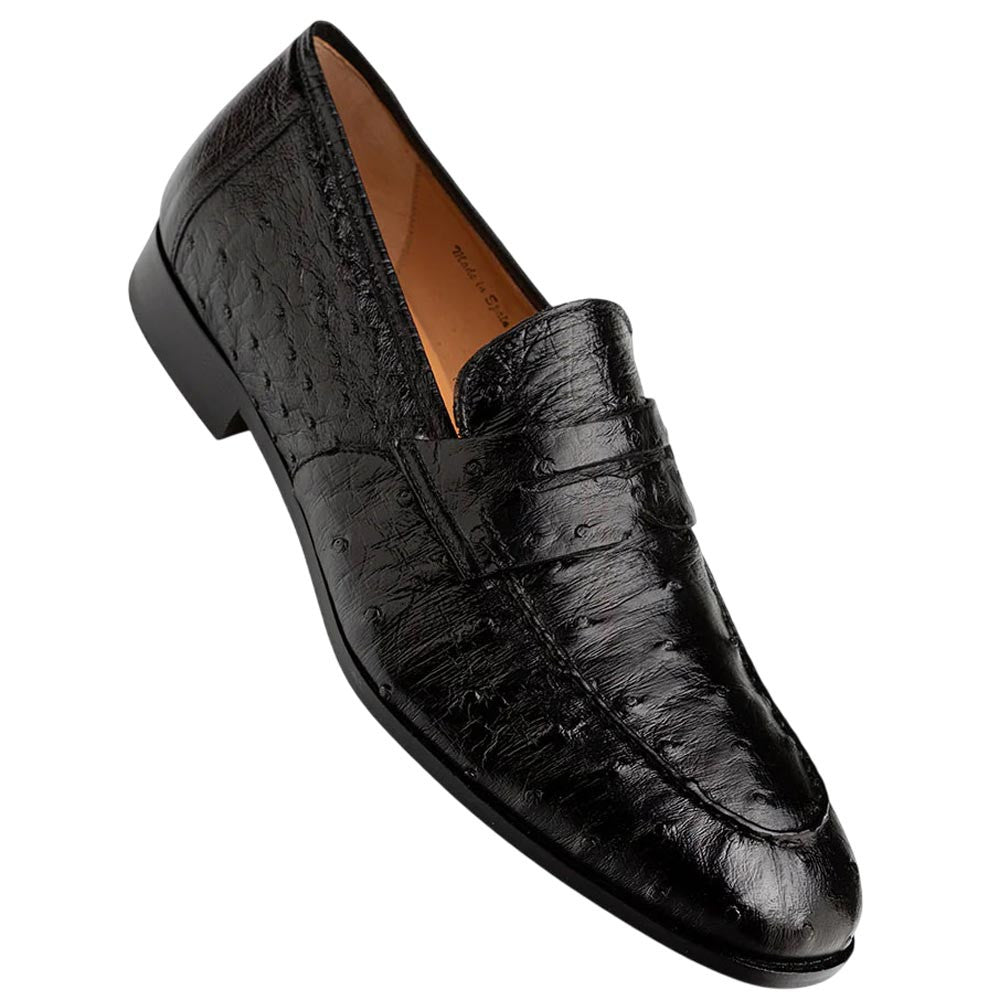 Mezlan Nogales Moc Toe Black Ostrich Leather Penny Loafer Dress Shoes