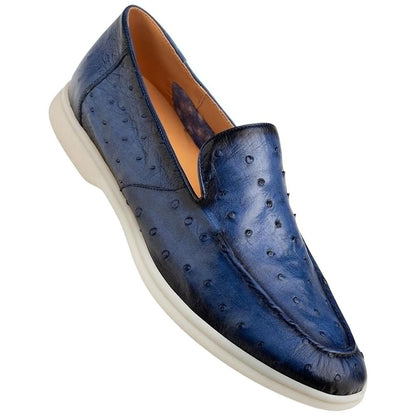Mezlan of Spain Men’s Marmi Ostrich Quill Flex Jean Blue Casual Moccasin Loafer
