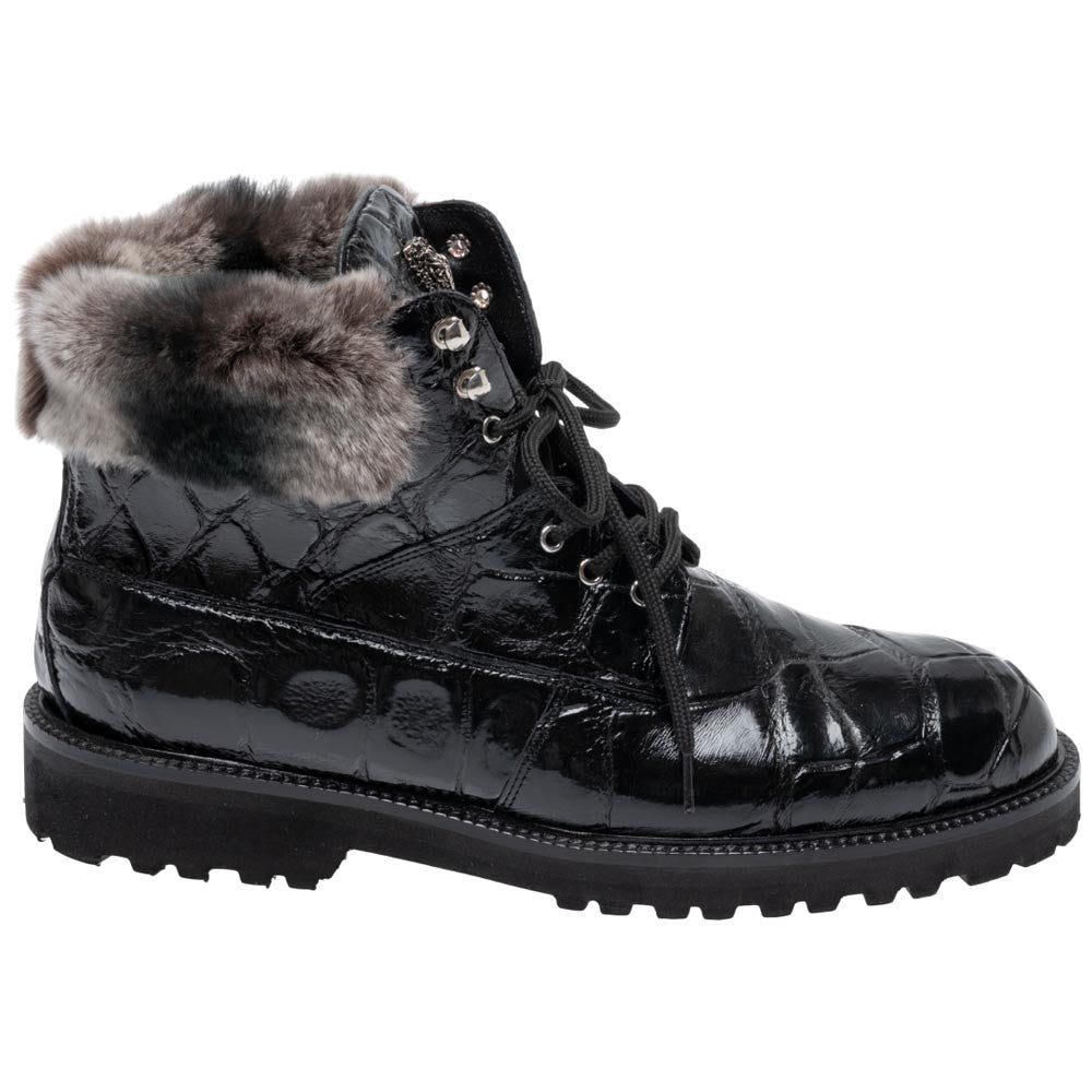 Mauri Men's Alligator Skin & Lapin Trimming SMOKE Black Combat Boot(US Men Size)
