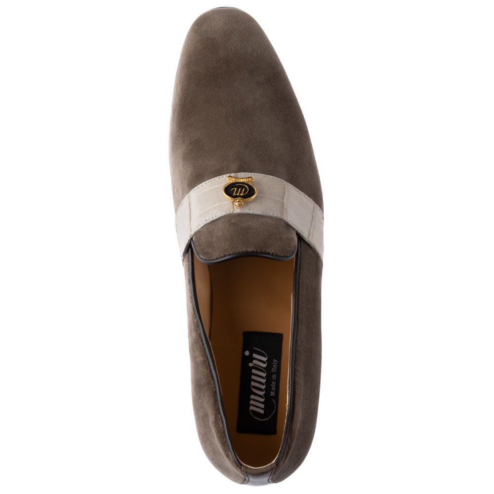 MAURI Men’s Elegante Velvet Slip-On Grey Baby Crocodile Leather Strip Moc Toe Luxury Dress Loafers