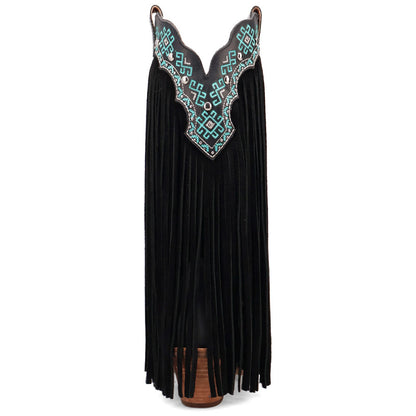 Tequila Sunrise Suede Black with Turquoise Embroidered Fringe Snip Toe Women Boot | Dingo Western Cowgirl Boots