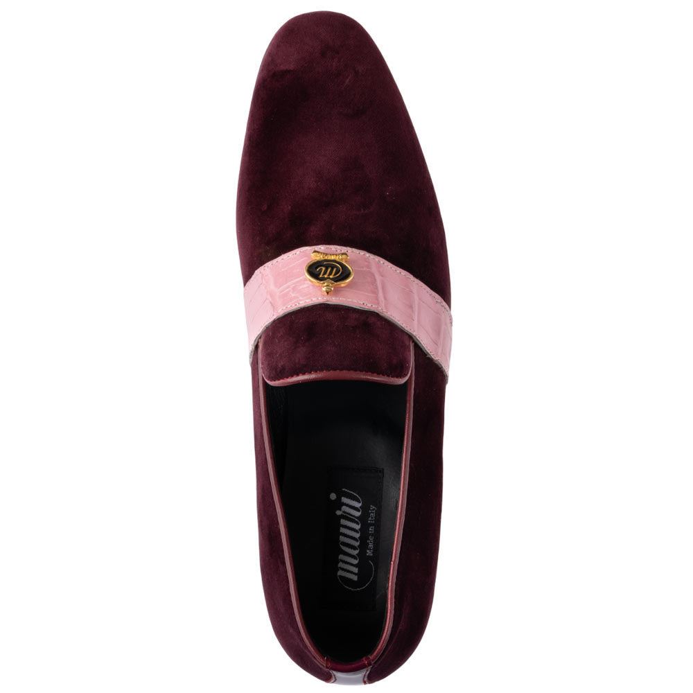 MAURI Shoes Men’s Velvet Slip-On Ruby Red Pink Baby Crocodile Leather Strip Moc Toe Luxury Dress Loafers