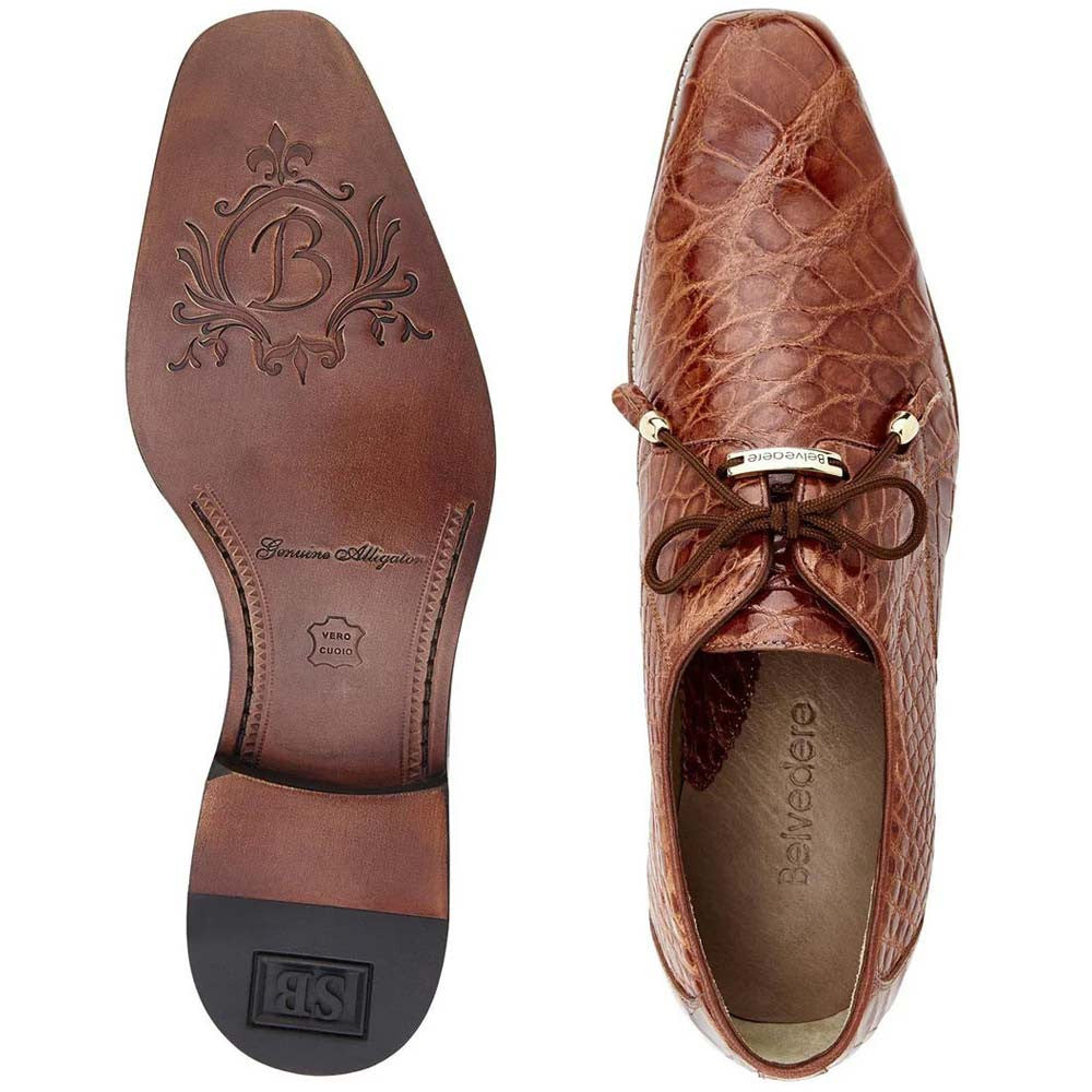 Belvedere Lago Men's Cognac Genuine American Alligator Skin Lace Up Shoes