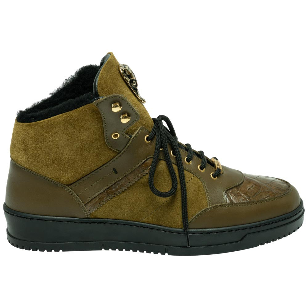 Mauri Men's Baby Crocodile Skin & Suede Olive Green JACKED Sneaker (US Men Size)