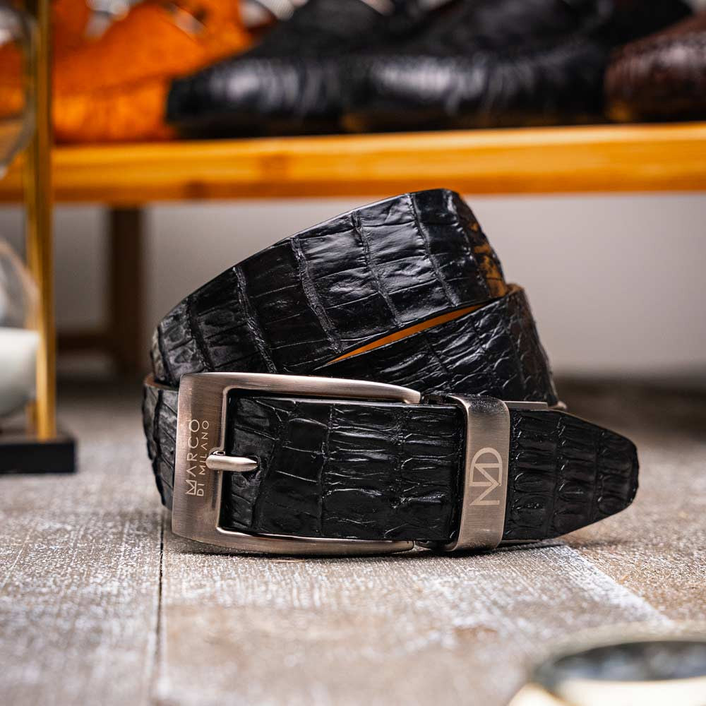Riccardo Genuine Caiman Fuscus-Belly Black Belt with a Chrome Buckle | Marco Di Milano Exotic Belt