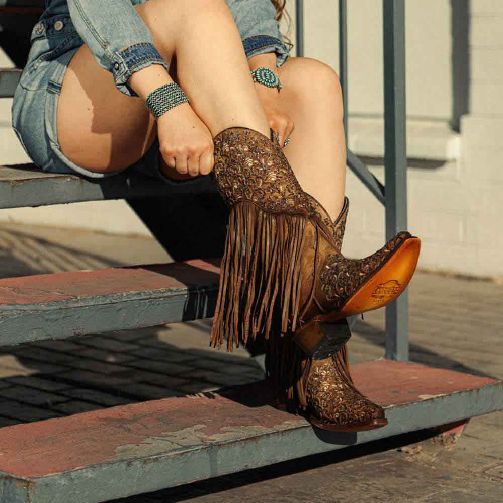Corral Bone Honey and Lamb Overlay embroidered Fringe leather boots