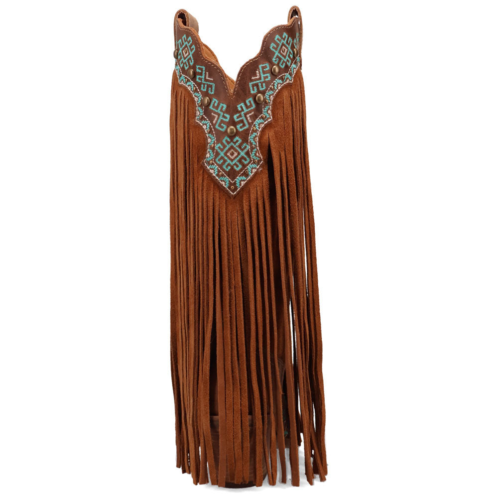 Tequila Sunrise Suede Brown with Turquoise Embroidered Fringe Snip Toe Women Boot | Dingo Western Cowgirl Boots