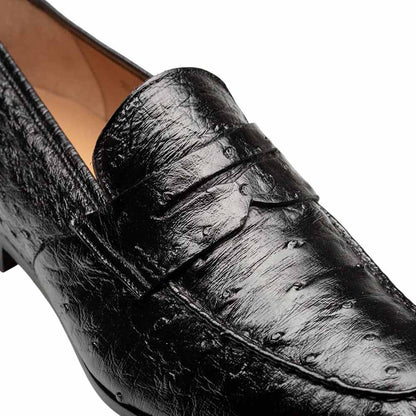 Mezlan Nogales Moc Toe Black Ostrich Leather Penny Loafer Dress Shoes