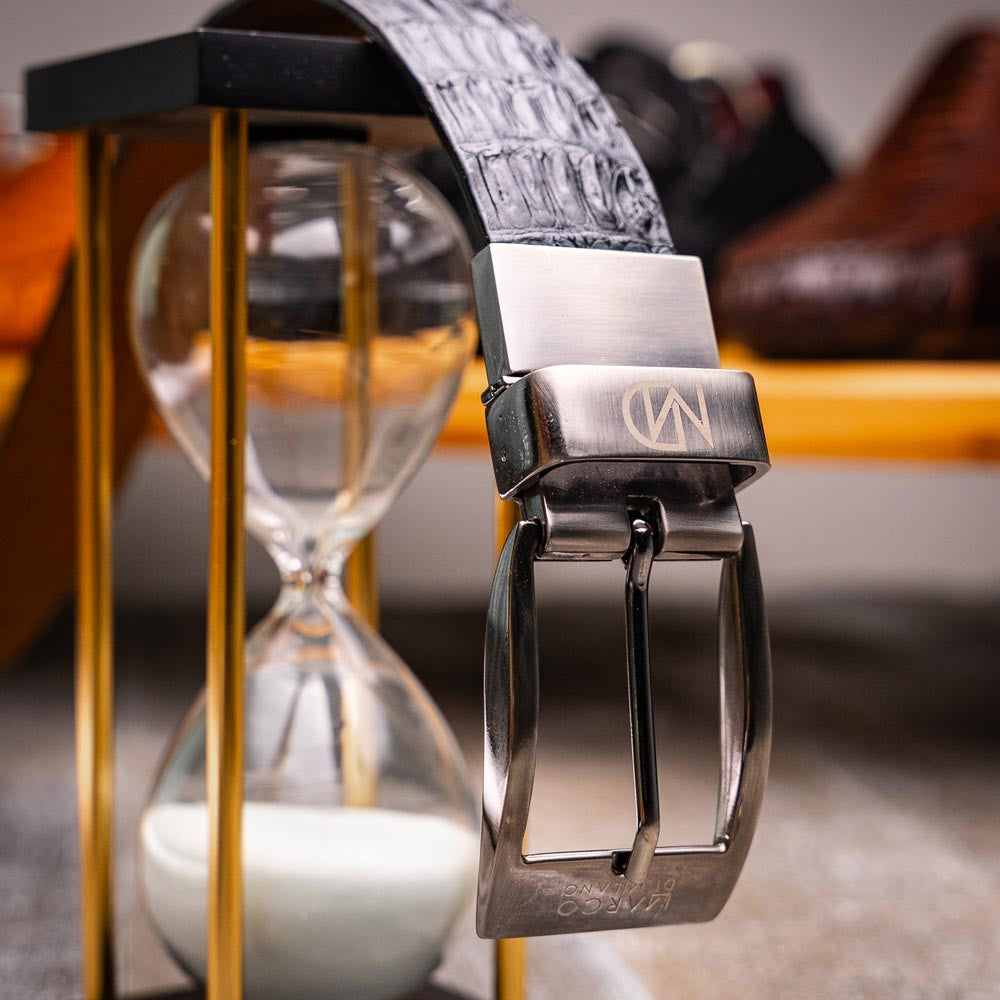 Silvio Genuine Caiman Fuscus-Back Black Belt with a Chrome Buckle | Marco Di Milano Exotic Belt