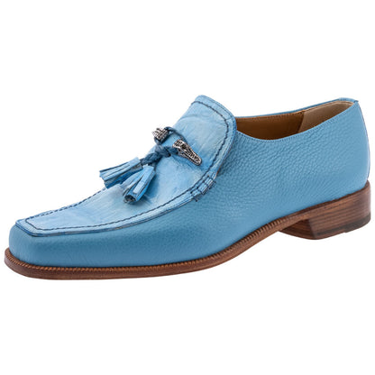 MAURI Shoes Men’s Square Toe Tassel Slip-On Light Blue Time Leather & Baby Crocodile Luxury Dress Loafers