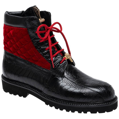 Mauri Men's Ostrich Leg & Quilt Velvet HAWK Black/Red Combat Boots (US Men Size)