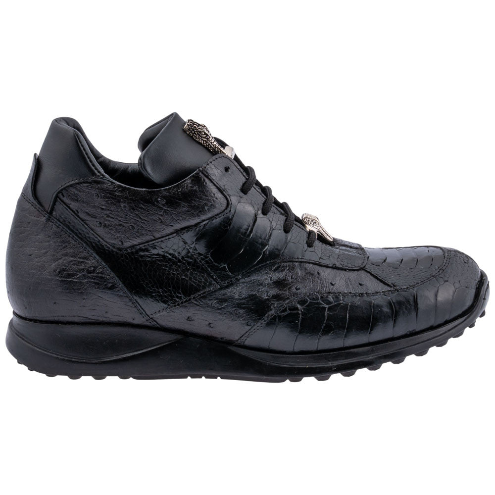 MAURI Shoes Men’s Brett Mid-Top Black Ostrich Quill, Ostrich Leg & Calfskin Leather Luxury Ankle Sneakers