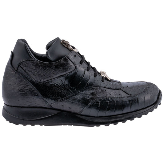 MAURI Shoes Men’s Brett Mid-Top Black Ostrich Quill, Ostrich Leg & Calfskin Leather Luxury Ankle Sneakers