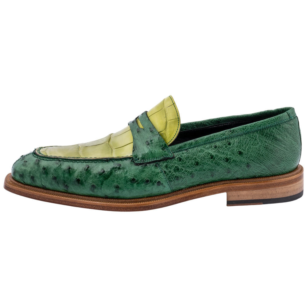 MAURI Shoes Men’s Exotic Dress Shoe Cyprus Alligator & Crispy Green Ostrich Quill Leather Luxury Loafer
