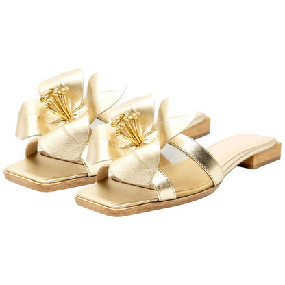 Lady Couture Women's Blossom Gold Leather Slide Sandals