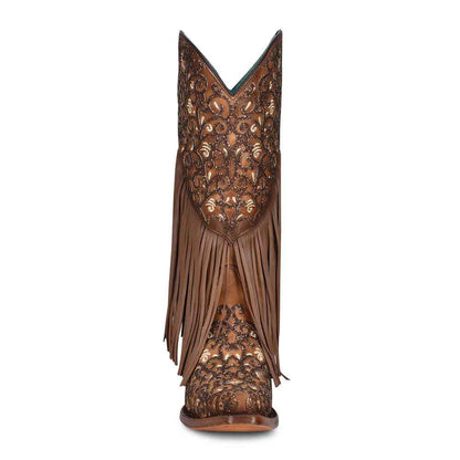 Corral Bone Honey and Lamb Overlay embroidered Fringe leather boots