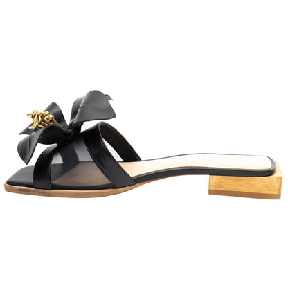 Lady Couture Women's Blossom Black Leather Slide Sandals