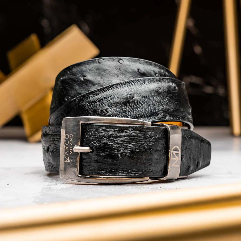 Domenico Men’s Genuine Exotic Ostrich Belts With Brushed Chrome Buckle | Marco Di Milano Exotic Belt in Black