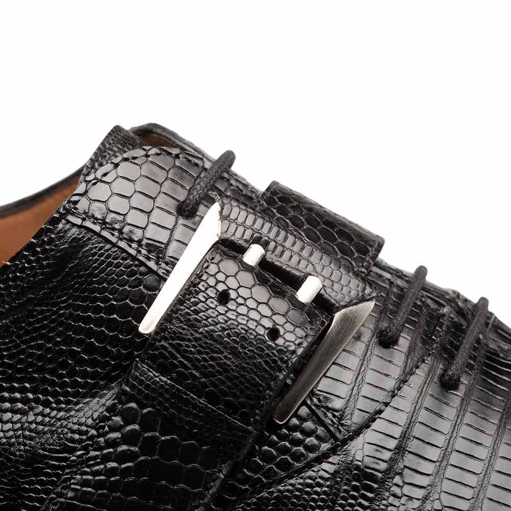 Mezlan Omero Monk-Oxford Black Hand-Burnished Lizard Hybrid Dress Shoes