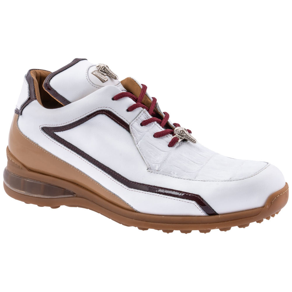 MAURI Men’s Boost White Ruby Dune Calfskin, Baby Crocodile & Patent Leather Luxury Sneakers
