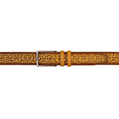 Mezlan Men’s Floral Camel Laser Print Calfskin Leather Belt