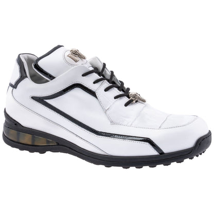 MAURI Shoes Men’s Boost Sneaker White & Black Calfskin, Baby Crocodile & Patent Leather Luxury Sneakers