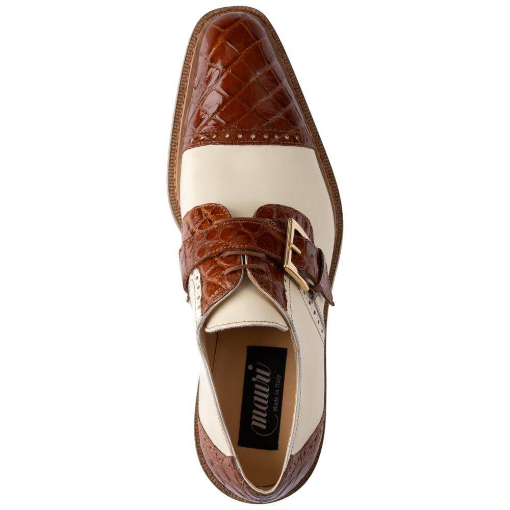 MAURI Shoes Men’s Flawless Cognac Cream Alligator & Calfskin Leather Cap Toe Monk Strap Derby Luxury Dress Shoes