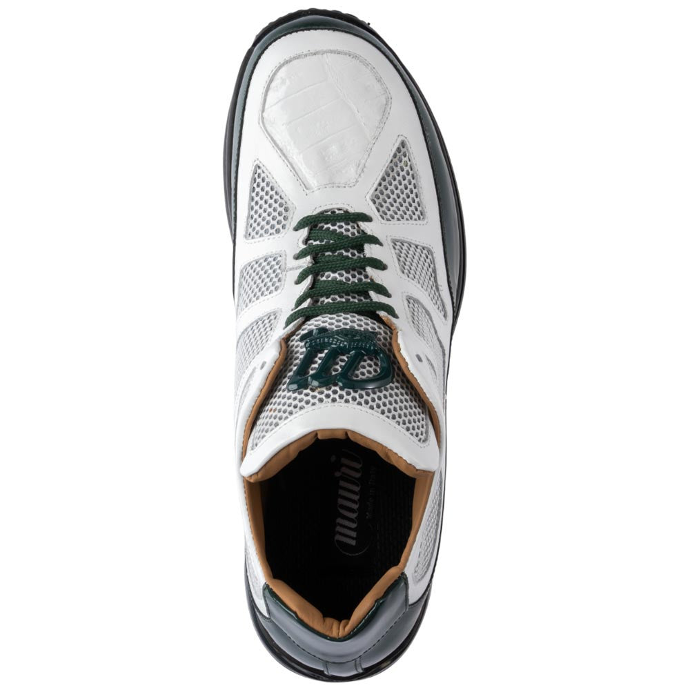 MAURI Shoes Men’s Grid Sneaker Hunter Green White Patent, Calfskin, Baby Crocodile & Mesh Luxury Sneakers with Matching Belt