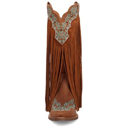 Tequila Sunrise Suede Brown with Turquoise Embroidered Fringe Snip Toe Women Boot | Dingo Western Cowgirl Boots