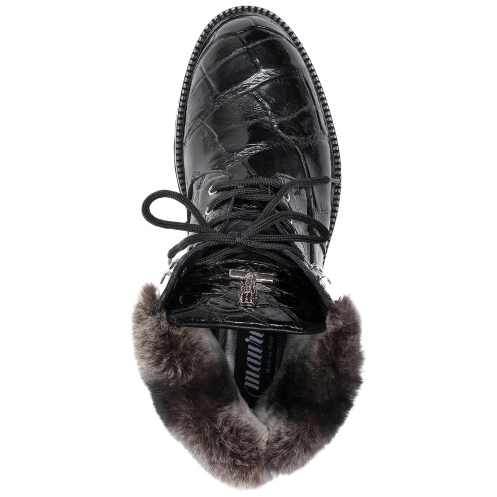 Mauri Men's Alligator Skin & Lapin Trimming SMOKE Black Combat Boot(US Men Size)