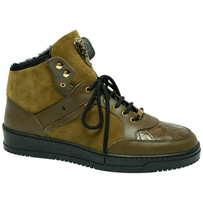 Mauri Men's Baby Crocodile Skin & Suede Olive Green JACKED Sneaker (US Men Size)
