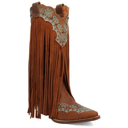 Tequila Sunrise Suede Brown with Turquoise Embroidered Fringe Snip Toe Women Boot | Dingo Western Cowgirl Boots