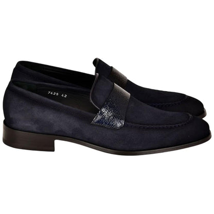 Corrente Men’s Navy Suede with Vita Leather Vamp Almond Toe Loafer - shoeclassix.com