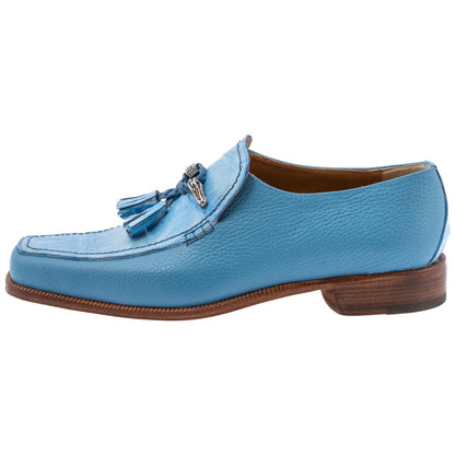 MAURI Shoes Men’s Square Toe Tassel Slip-On Light Blue Time Leather & Baby Crocodile Luxury Dress Loafers