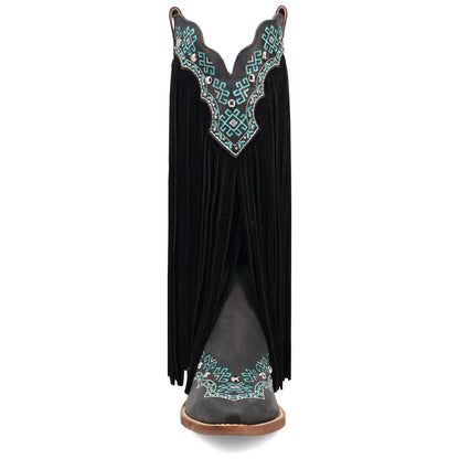 Tequila Sunrise Suede Black with Turquoise Embroidered Fringe Snip Toe Women Boot | Dingo Western Cowgirl Boots