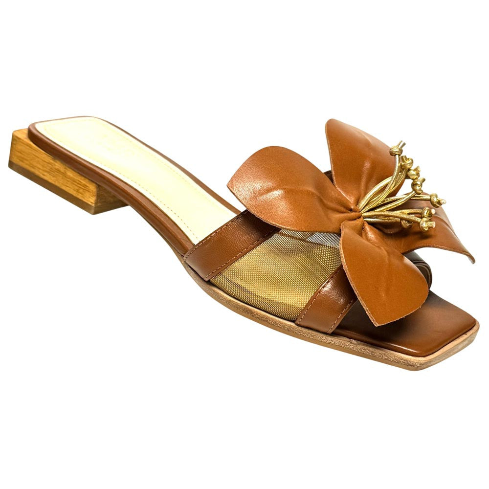 Lady Couture Women's Blossom Brown Leather Slide Sandals