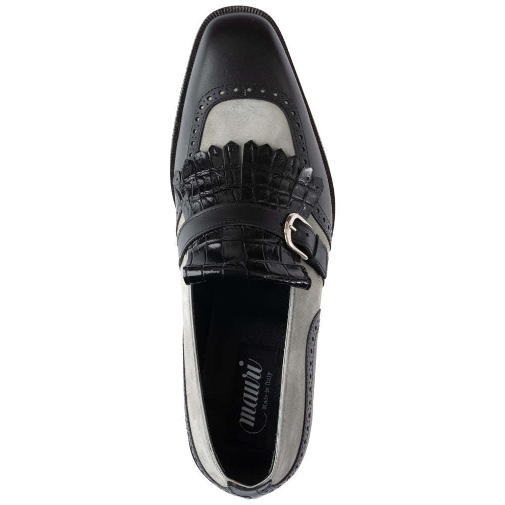 MAURI Shoes Men’s Kiltie Slip-On Black Grey Alligator, Calfskin & Suede Leather Luxury Loafers