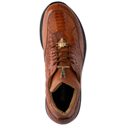 MAURI Shoes Men’s Brett Mid-Top Cognac Ostrich Quill, Ostrich Leg & Calfskin Leather Luxury Ankle Sneakers