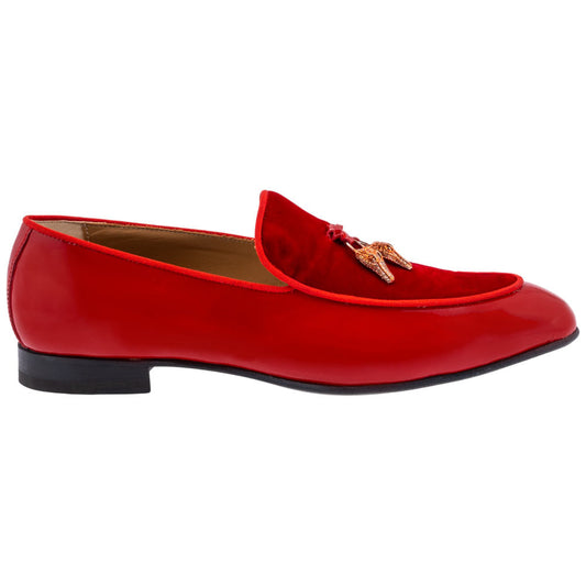 MAURI Shoes Men’s Bliss Red Patent Leather & Velvet Tassel Moc Toe Luxury Dress Loafers