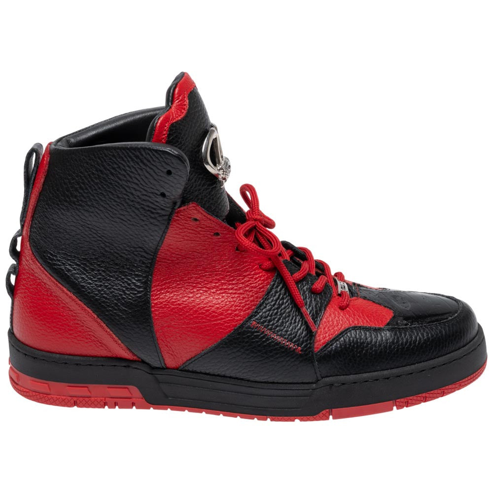 Mauri Men's Baby Crocodile Skin & Leather Black/Red HOOK Sneakers (USA Men Size)