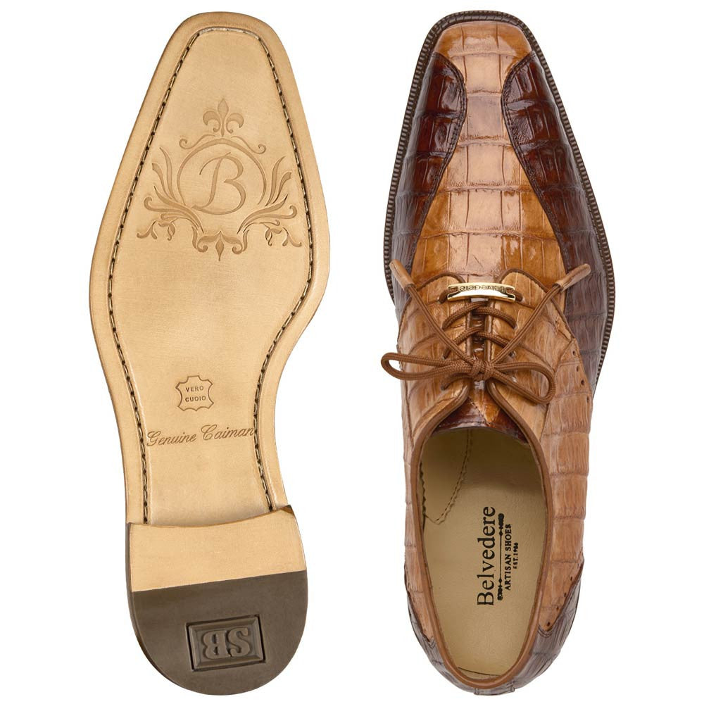 Belvedere Men’s Domenico Genuine Caiman Saddle & Brown Brogue Lace-Up Derby