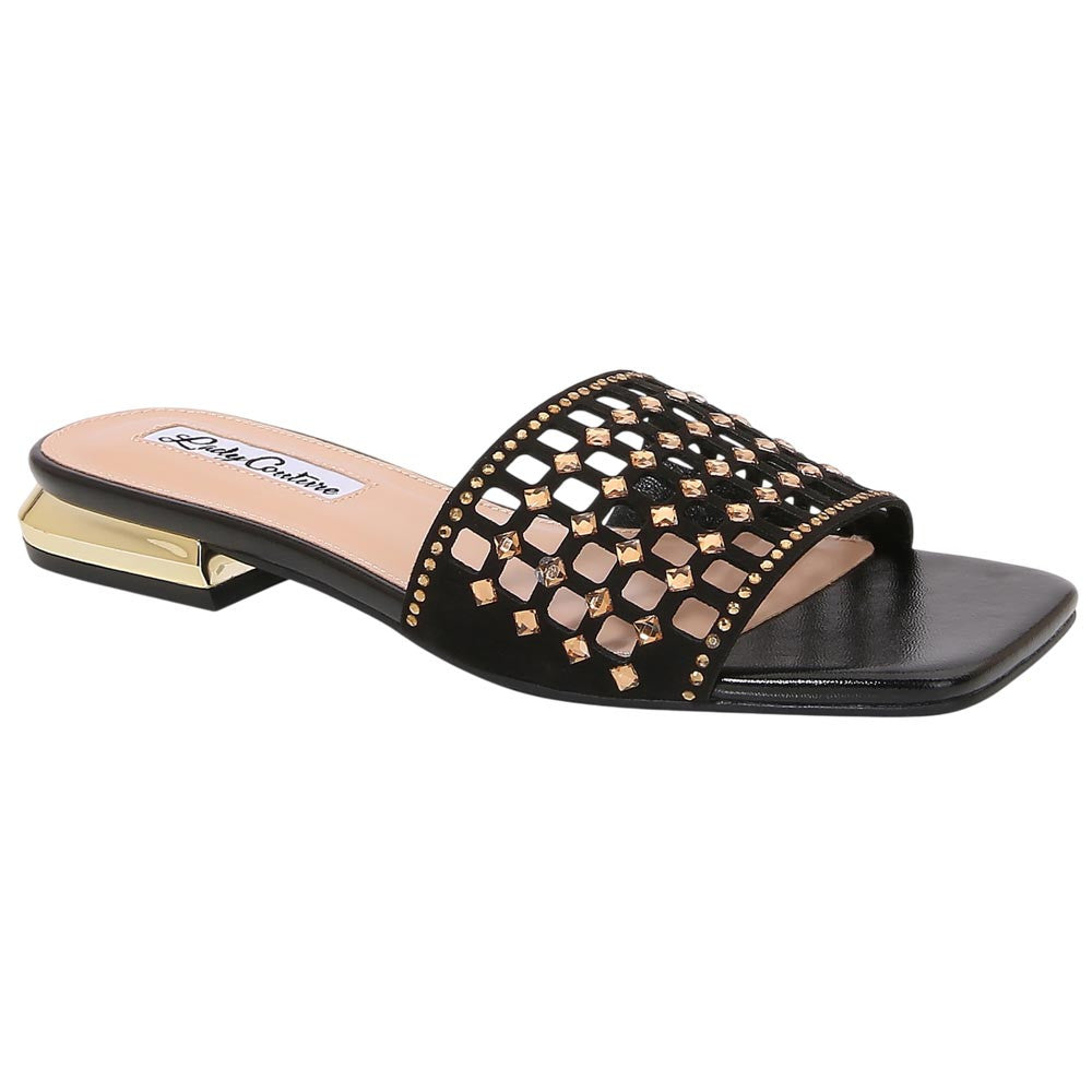 Lady Couture Women's Garden Black Geometric Crystal Flat Slide Sandals
